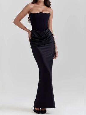 Almond Muse Rosalind Black Maxi Dress with Sculpted Strapless Corset Small NEW